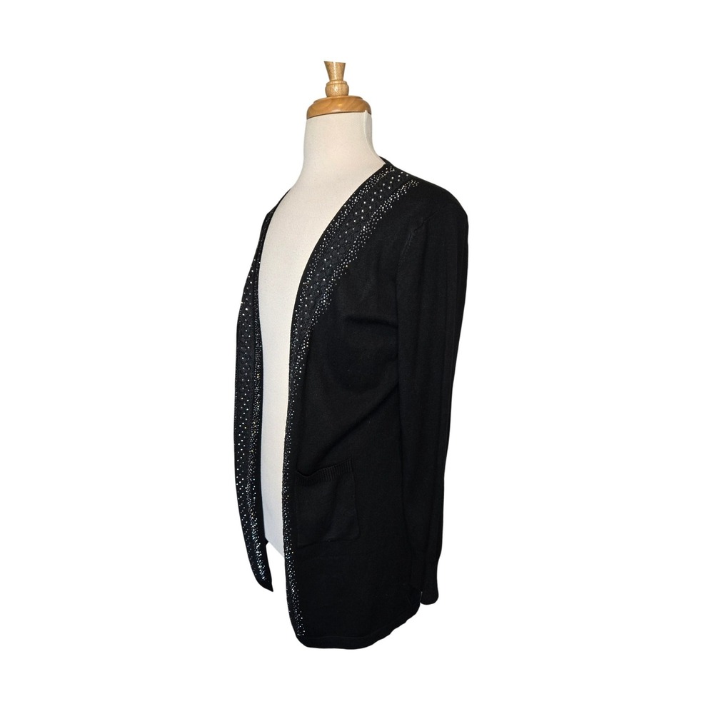 Black Rhinestone Embellished Open Front Cardigan Sweater M Glam Sparkle Party - Picture 4 of 8